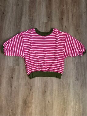 Pilcro Hot Pink and White Striped Sweatshirt with Olive Trim